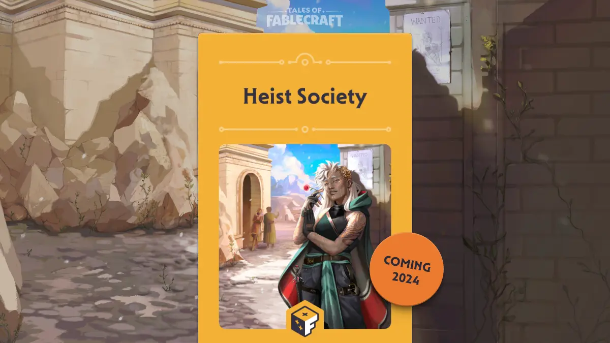A book cover that reads, 'Heist Society.' The cover image depicts a female-presenting Highlander leaning against a wall in a town or village. She has white-blonde, mullet-style hair with golden gemstones at the side of her head. She wears a black and green hooded top with gold detailing. She holds a red flower between her fingertips and wears a mischievous expression.