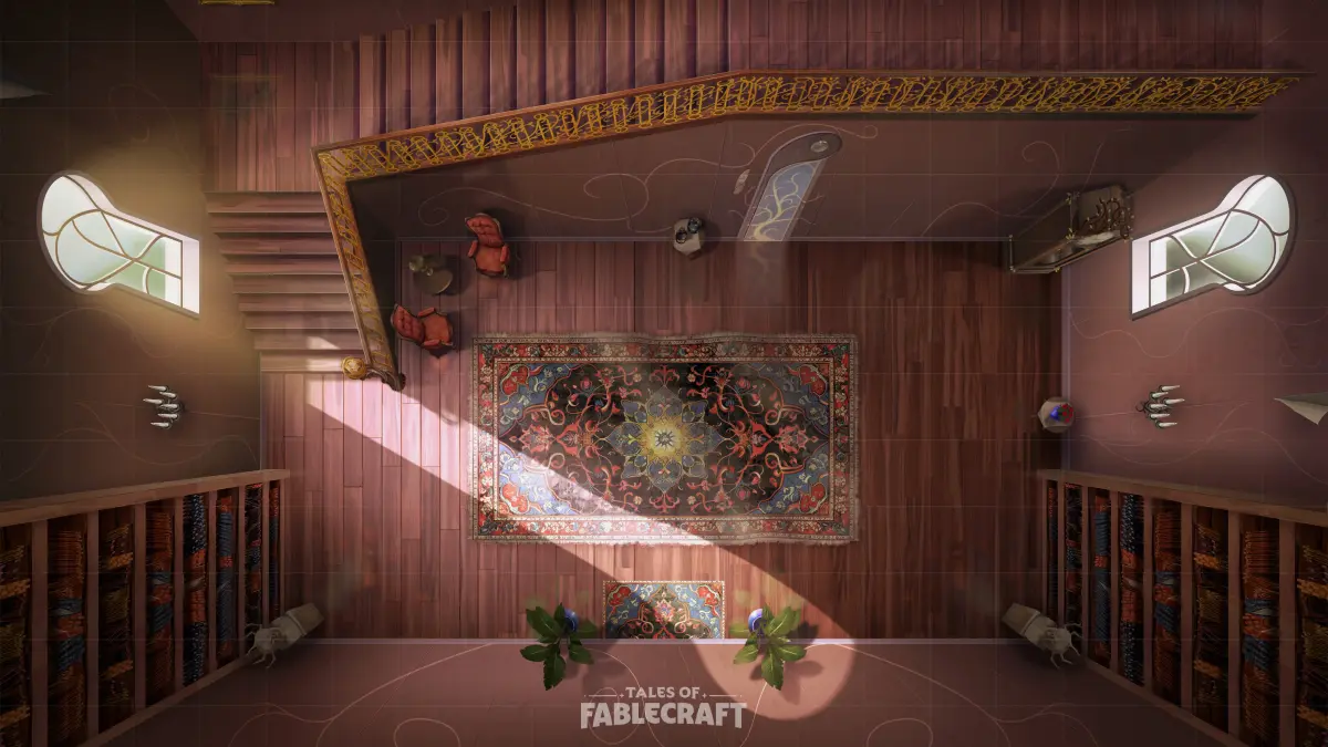 A battlemap set in a rectangular hallway, depicted from above. Two keyhole shaped windows are on the east and west walls of the room. A staircase winds up and along the north wall. A large Persian-style rug sits in the center of the wooden floor.