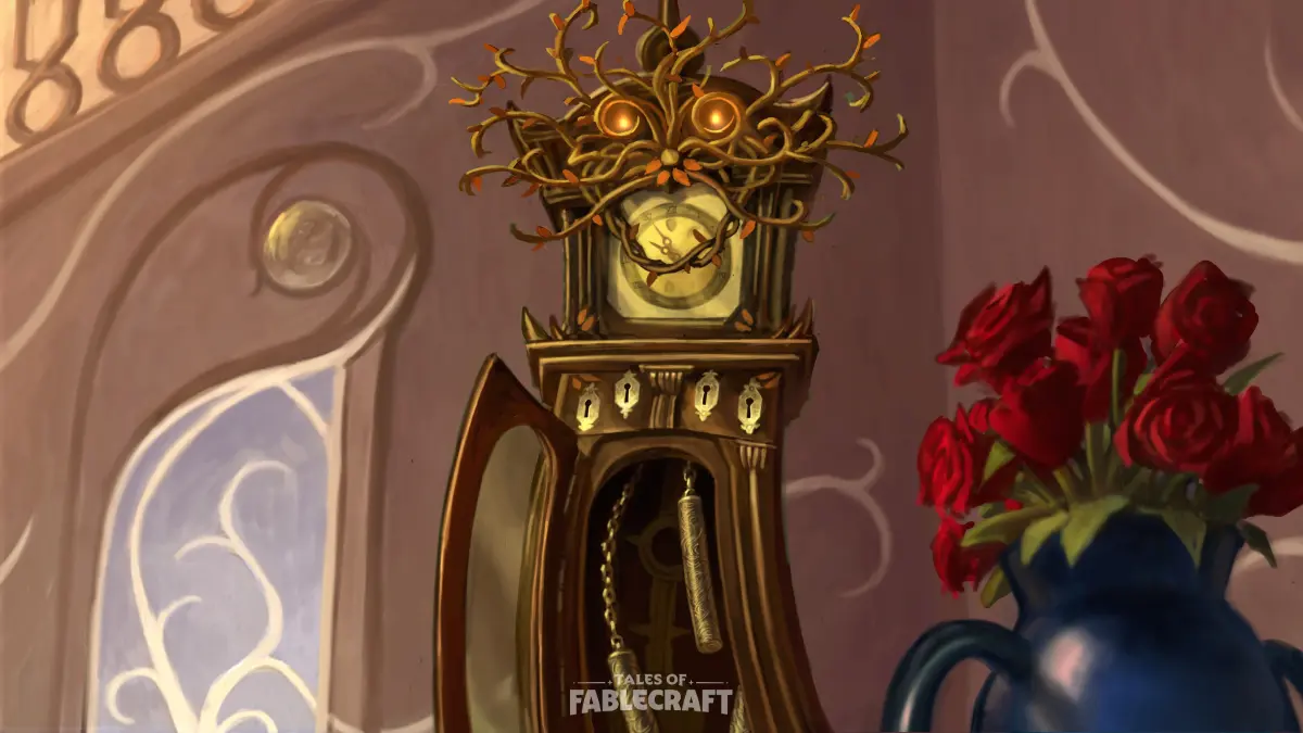 A sentient grandfather clock. Two eyes glow from the fretwork above its golden clockface. Four keyholes are visible above its wooden casing. The case door is open, revealing two cylindrical weights hanging within. The clock stands in a room with a vase of roses on the right, and an ornate door on the left.