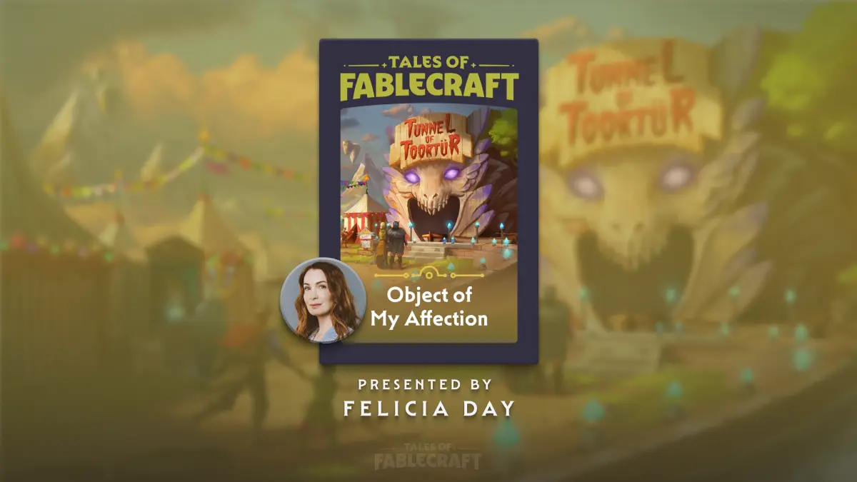 A cover reads “Object of My Affection” with an image of carnival fairgrounds, that shows an fair ride entrance that reads “Tunnel of Toortür.” Next to the cover, we see a photo of Felicia Day, above the copy “presented by Felicia Day.”