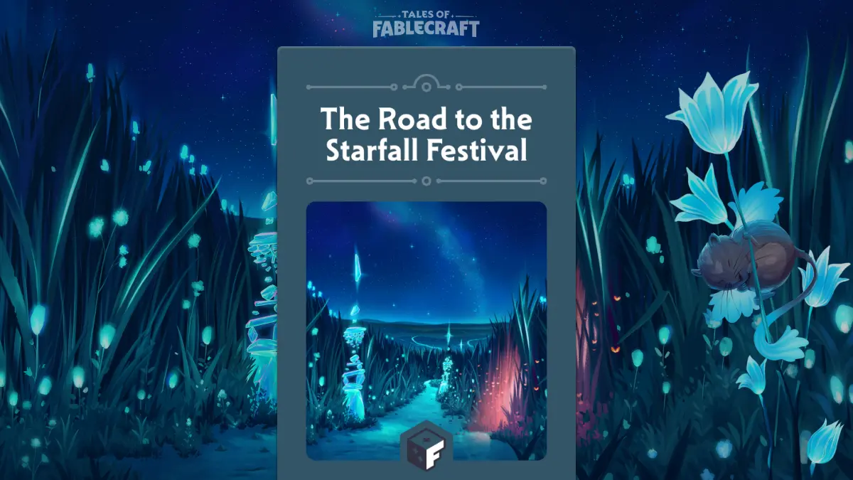 A cover that reads “The Road the the Starfall Festival” with an image of glowing blue green cairns through a grassy field with twinkling lights.