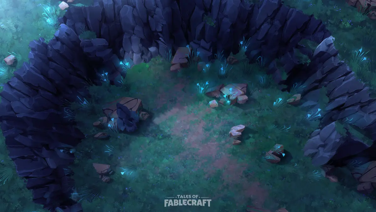 A battlemap set in a circular clearing in the Long Meadows, depicted from above. Rock lines the edge of the clearing. Stones and bioluminescent flowers are scattered across the sparse ground.