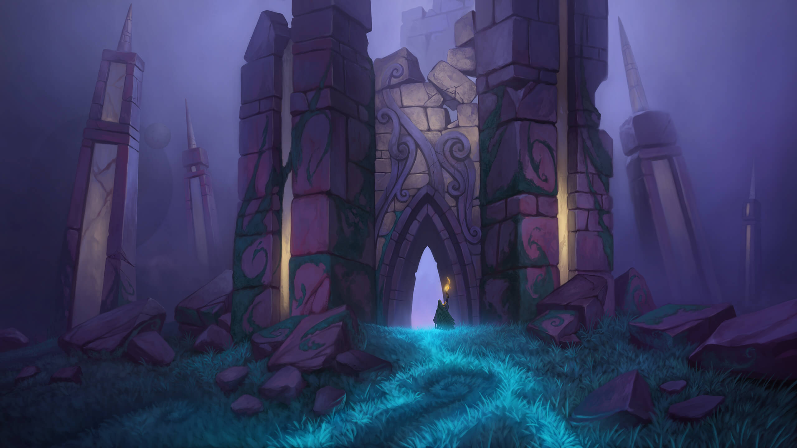 An eerie ruin scene. A once-grand Mythan castle crumbles over the bioluminescent grasses. Moonlight streams down from a full moon and a small figure carrying a torch peers inside the ancient, arched doorway.