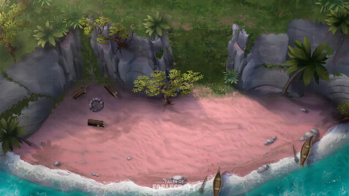 A battlemap depicting a coral-colored beach from above. A grass-covered cliff lines the north edge of the beach, and turquoise water meets the sand at the south. Two discarded longboats are visible on the shore.