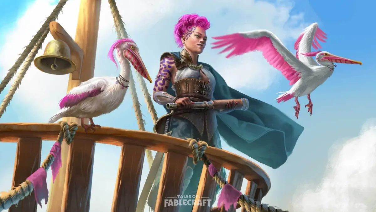 A female-presenting Wavechaser looks out from a ship's crow's nest. She has hot pink hair worn in a mohawk, a warm brown skin tone, and purple patterning on the side of her head and down her arms. She wears a deep blue outfit with a halterneck neckline, fitted bodice, and a blue cape that flows in the wind. She holds a telescope in her hands. Two pelicans with white and hot pink feathers are at her side – one perched on the crow's nest, the other in flight.