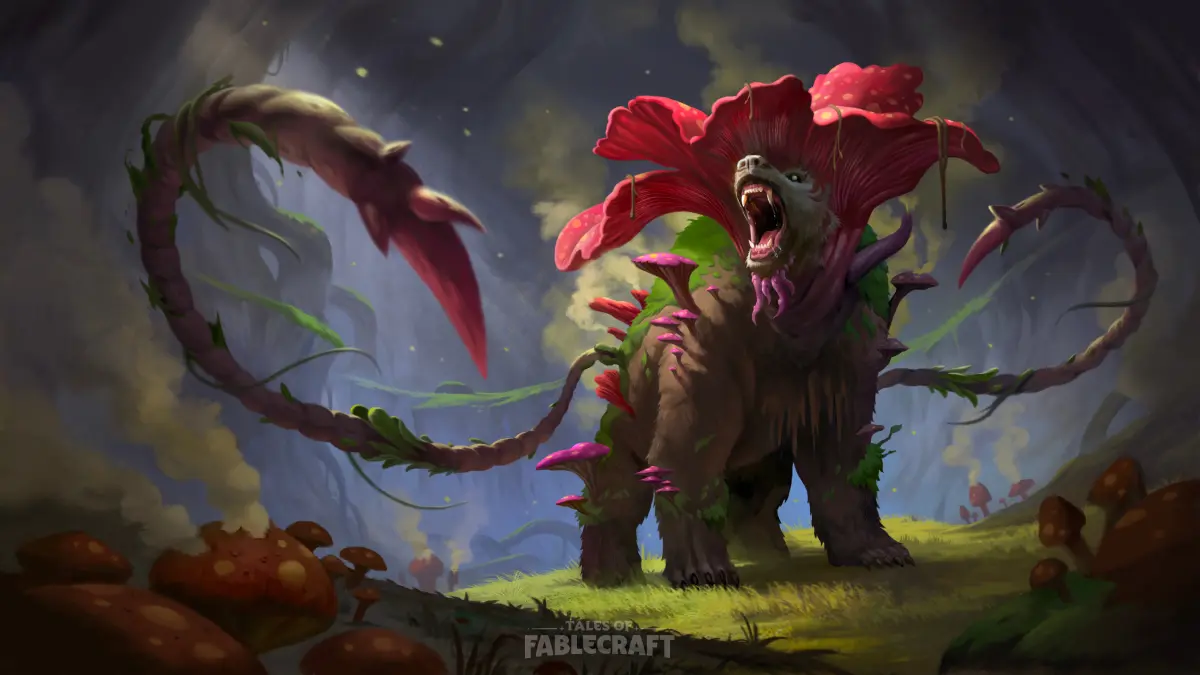 A two-tailed creature roars in a forest clearing - the tail whips toward the viewer. The creature looks a little like a bear, but its head and body are covered in mushrooms. In the foreground, red-capped mushrooms spew forth clouds of spores.