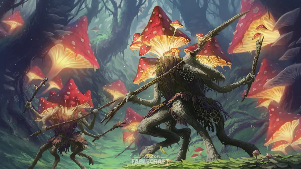 Mushroom creatures called Spore Sentinels stand menacingly in the middle of a forest clearing.