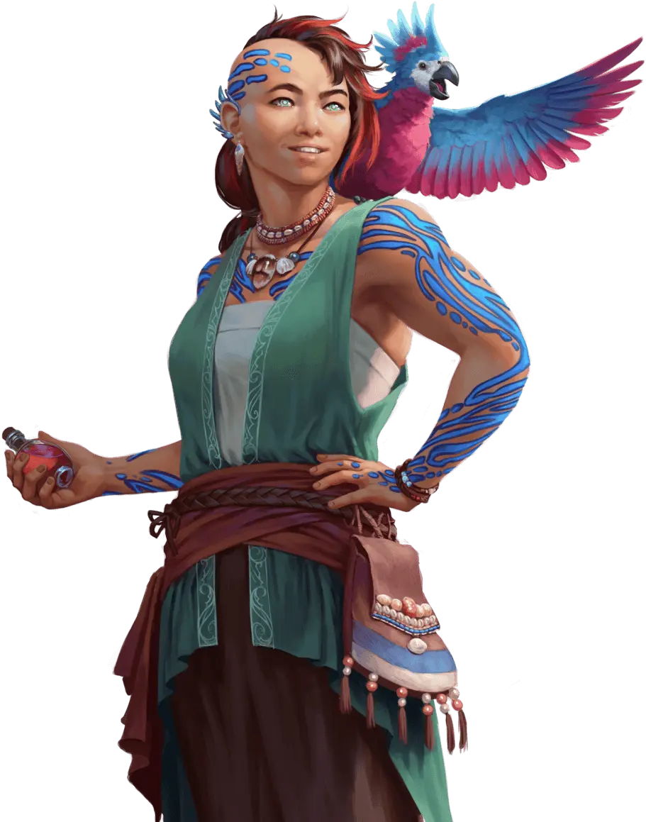An illustration of a cheerful tattooed Wavechaser woman with a parrot on her shoulder, holding a potion.