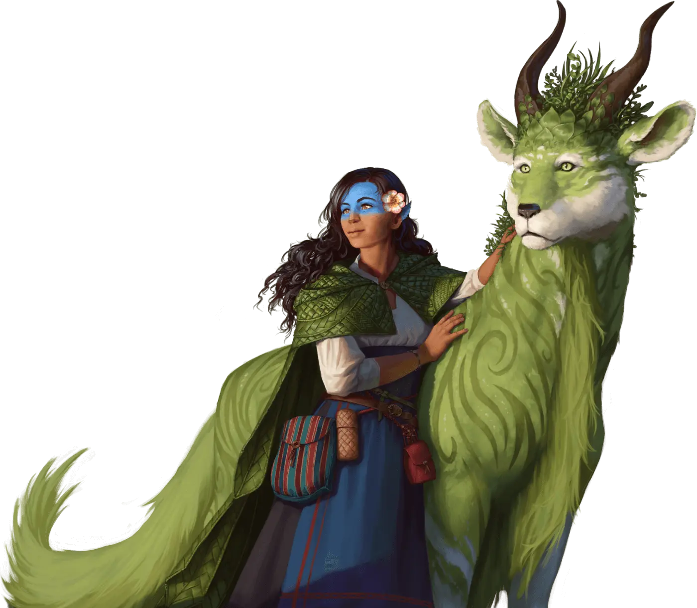 An illustration of a Longstrider woman with a flower in her hair standing next to a green-colored magical creature that looks like a majestic lion with horns and a grassy coat.