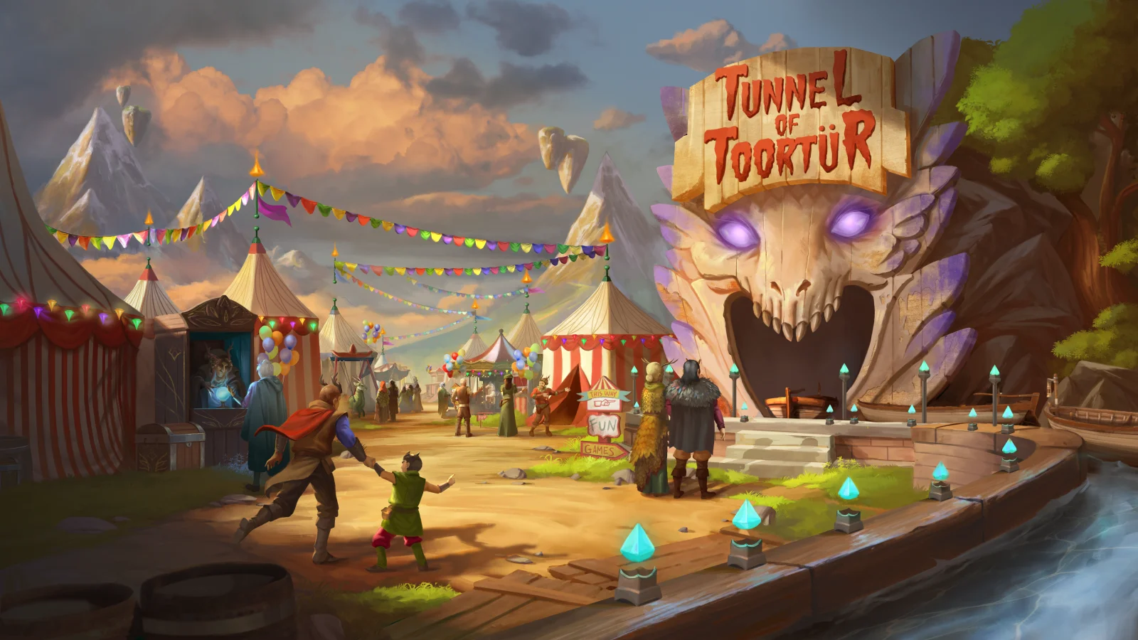 An image of  Ye Olde Fun Faire , that shows an fair ride entrance that reads “Tunnel of Toortür.”