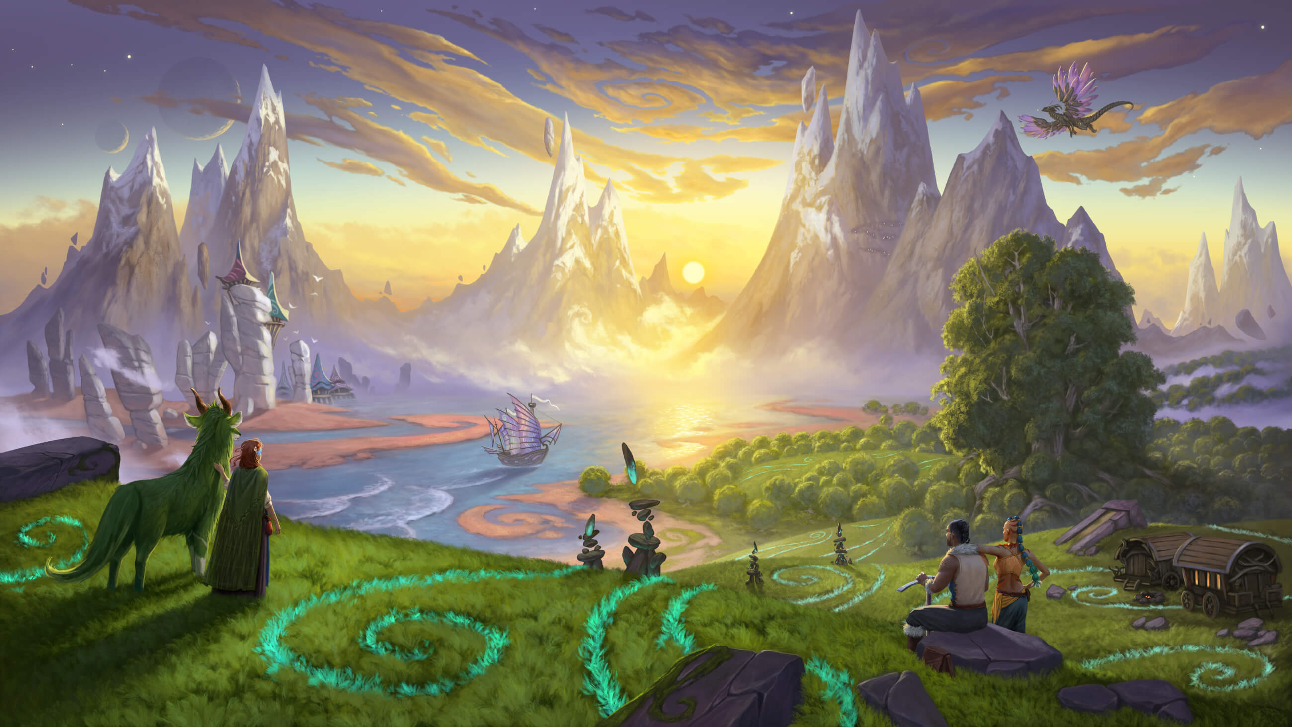 A fantasy landscape scene depicts the magical world of Mythas, complete with floating mountains, glowing grasses, floating cairns, and a dragon in the distance.
