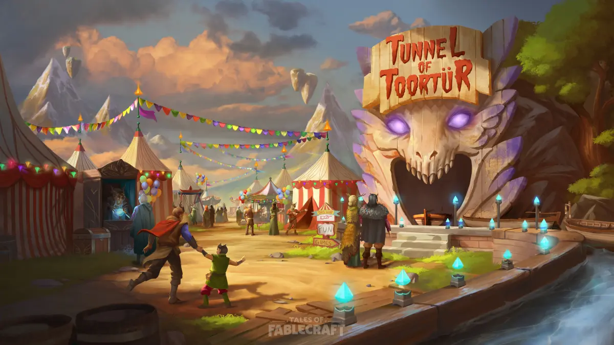 An image of  Ye Olde Fun Faire , that shows an fair ride entrance that reads “Tunnel of Toortür.”