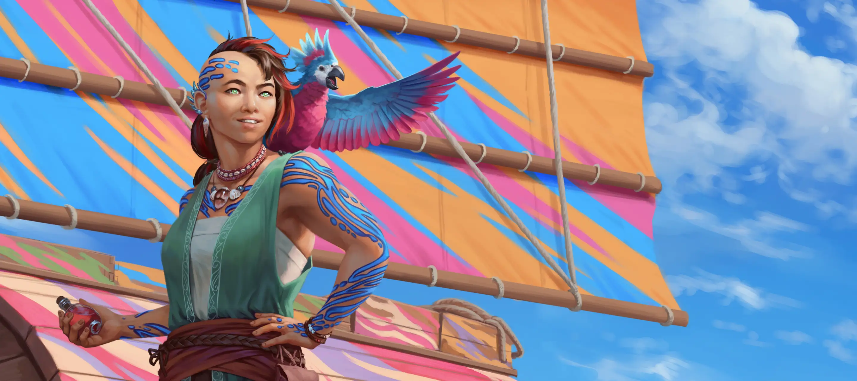 A Wavechaser stands in front of her boat, with a potion in one hand and a parrot on her shoulder.